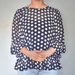 Michael Kors Navy Blue & White Polka Dot Long Sleeved Flowy Light Blouse